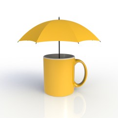Umbrella with yellow coffee cup isolated on white background. Mock up Template for application design. Exhibition equipment. Set template for the placement of the logo. 3D rendering.